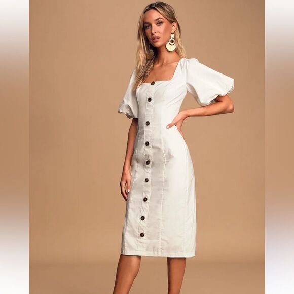 Lulus Dresses & Skirts - White Cotton Puff Sleeve
Button-Front Midi Dress NWT